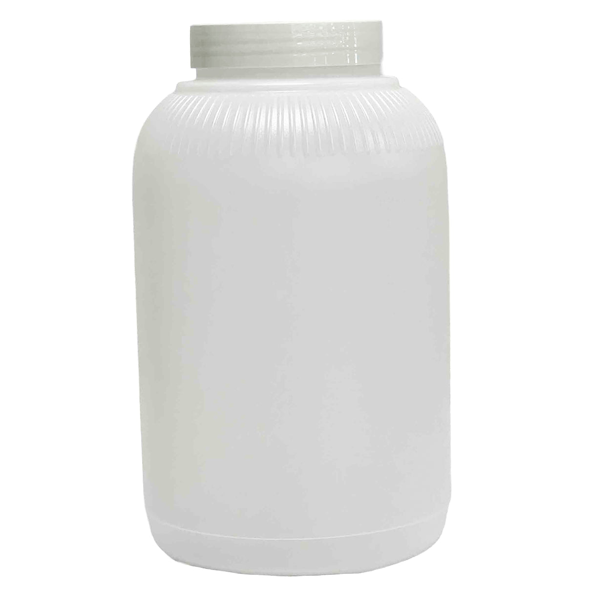 A large, white, opaque plastic container with a wide mouth and ribbed texture near the top. This 1 gallon TableCraft PourMaster Backup Mix Bottle is cylindrical, unlabeled, and stands upright against a plain white background.