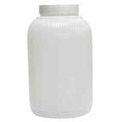A large, white, opaque plastic container with a wide mouth and ribbed texture near the top. This 1 gallon TableCraft PourMaster Backup Mix Bottle is cylindrical, unlabeled, and stands upright against a plain white background.
