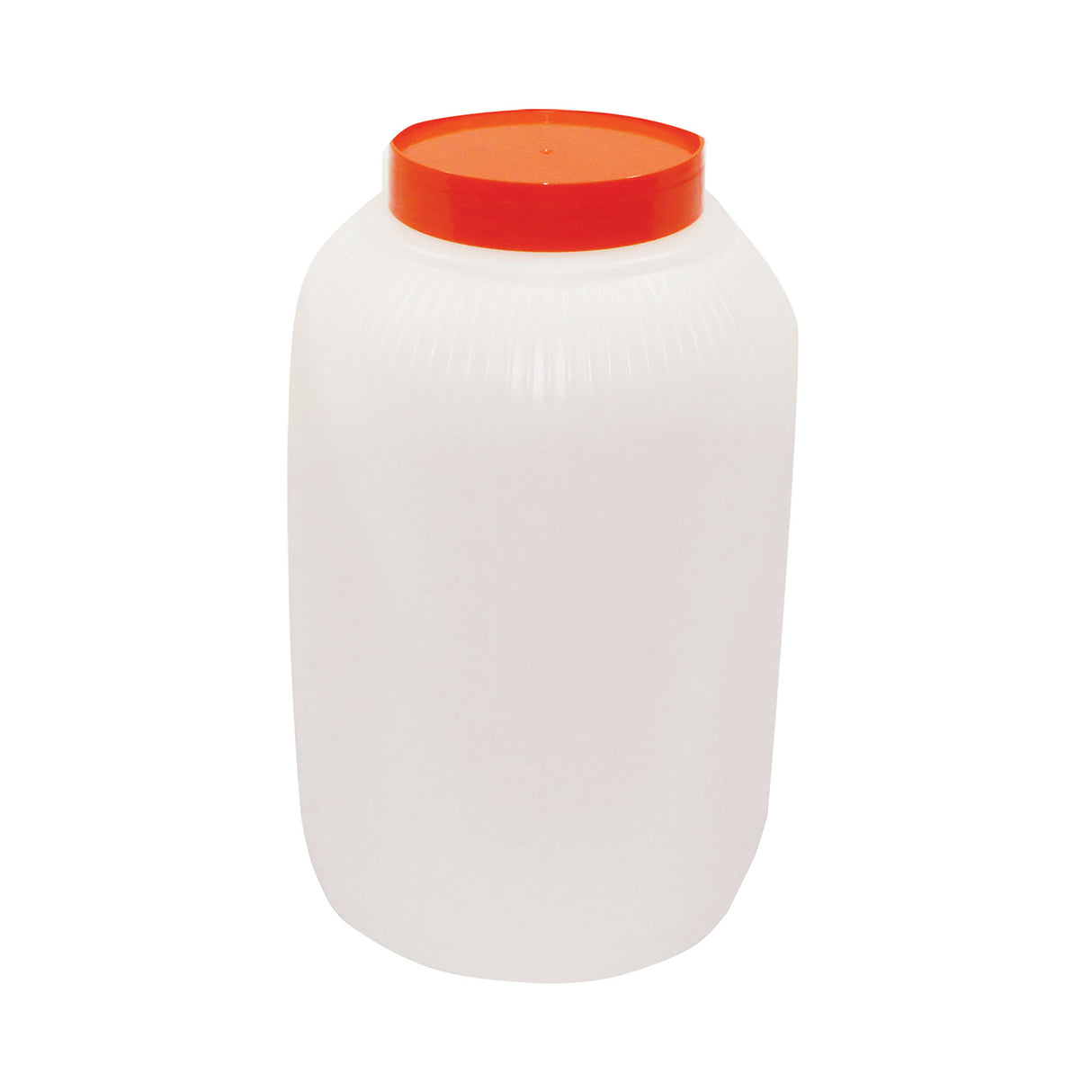 A large, white, opaque polyethylene jar with ribbed sides and a wide body, featuring a bright orange, flat screw-on lid. This 1 gallon PourMaster Backup Mix Bottle stands upright on a plain white background.