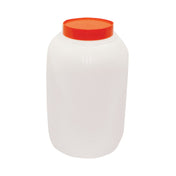 A large, white, opaque polyethylene jar with ribbed sides and a wide body, featuring a bright orange, flat screw-on lid. This 1 gallon PourMaster Backup Mix Bottle stands upright on a plain white background.