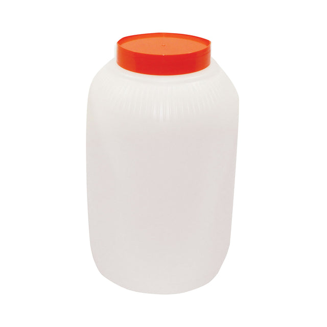 A large, white, opaque polyethylene jar with ribbed sides and a wide body, featuring a bright orange, flat screw-on lid. This 1 gallon PourMaster Backup Mix Bottle stands upright on a plain white background.