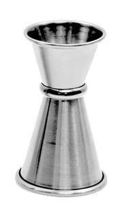 A Japanese Jigger made of stainless steel with two cones of different sizes, joined to form an hourglass shape for precise liquor measuring. The jigger is dishwasher safe and set against a plain white background.