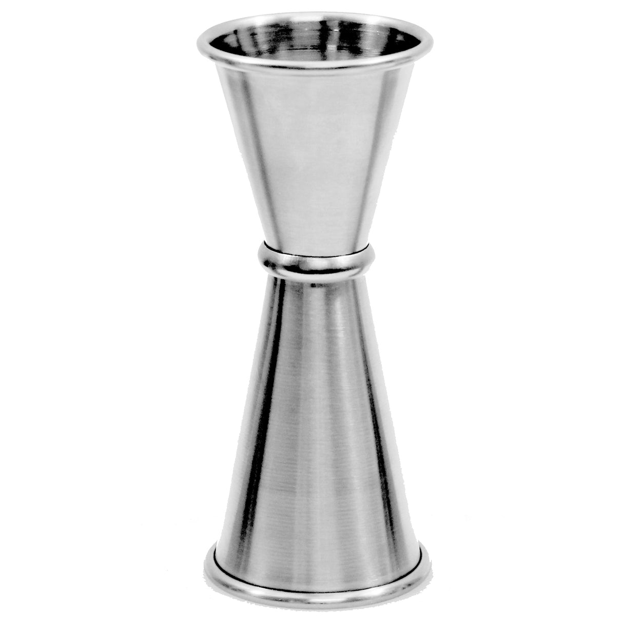 A Japanese Jigger crafted from stainless steel with a brushed finish, this double-sided jigger is dishwasher safe. Its hourglass shape features two cone-shaped ends for precise bartending measurements, standing upright on a white background.