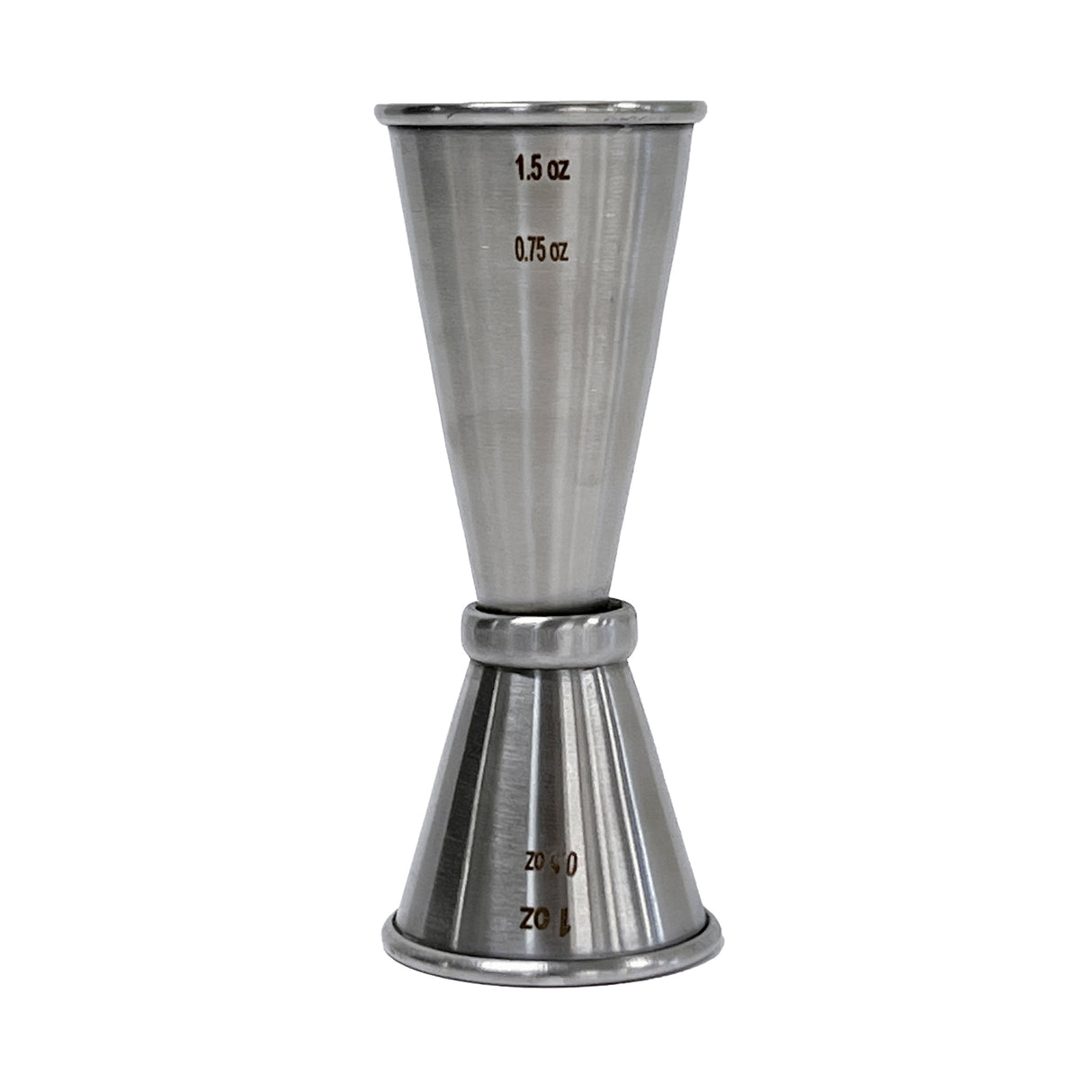 A stainless steel jigger in the classic Japanese Jigger style, featuring engraved measurement markings. The double-sided design shows 1.5, 0.75, 1, and 0.5 oz measures and is dishwasher safe for easy cleaning. Stands upright on a white background.
