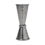 A stainless steel jigger in the classic Japanese Jigger style, featuring engraved measurement markings. The double-sided design shows 1.5, 0.75, 1, and 0.5 oz measures and is dishwasher safe for easy cleaning. Stands upright on a white background.