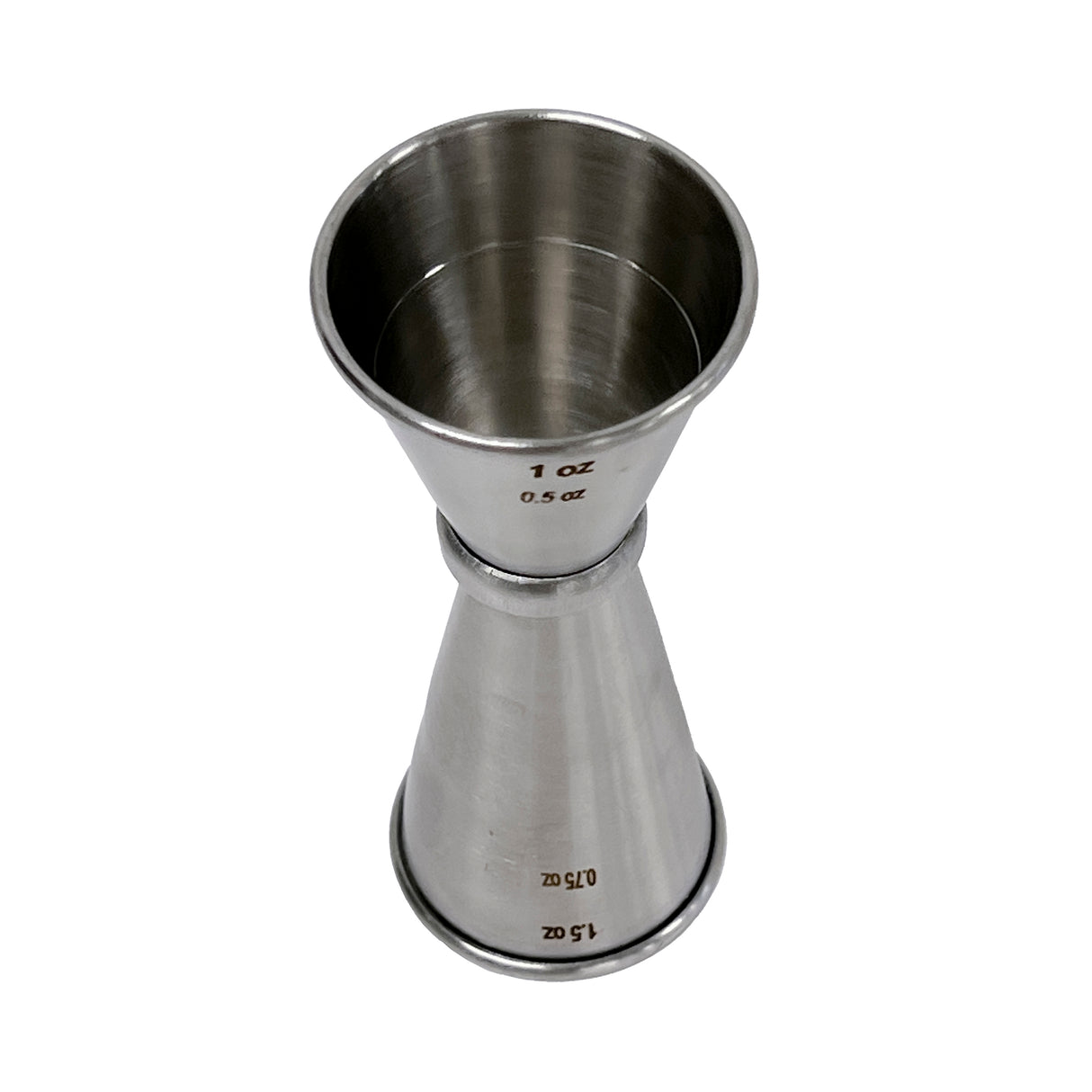 A Japanese Jigger made of stainless steel, this double-sided jigger features engraved markings for 0.5 oz, 1 oz, 0.75 oz, and 1.5 oz. The upright, dishwasher safe design clearly displays both measuring cups and precise measurement labels.