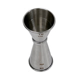 A Japanese Jigger made of stainless steel, this double-sided jigger features engraved markings for 0.5 oz, 1 oz, 0.75 oz, and 1.5 oz. The upright, dishwasher safe design clearly displays both measuring cups and precise measurement labels.