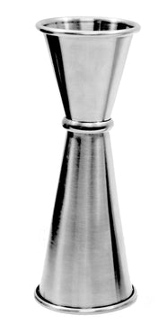 A stainless steel jigger sits upright on a white background. This Japanese Jigger features an hourglass shape with 1 oz and 2 oz cones, making it ideal for precise measuring and pouring of spirits and mixers in bartending.