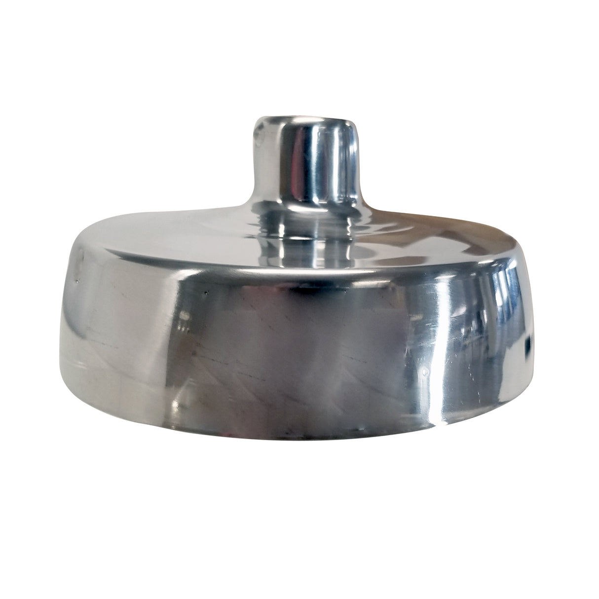 A shiny, round, stainless steel lid with smooth edges and a central raised handle. Its reflective surface shows subtle distorted reflections. Designed for a commercial juice press, the cylindrical handle blends seamlessly into the lid’s top against a plain white background.
