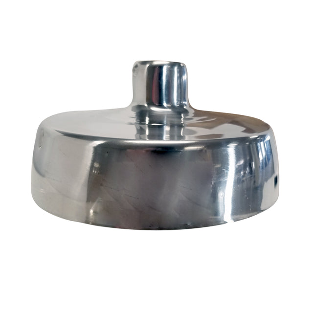 A shiny, round, stainless steel lid with smooth edges and a central raised handle. Its reflective surface shows subtle distorted reflections. Designed for a commercial juice press, the cylindrical handle blends seamlessly into the lid’s top against a plain white background.