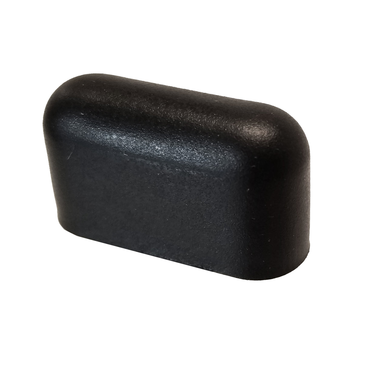 A small, black, rectangular plastic or rubber cap with rounded edges and a matte finish, shown against a white background. This TableCraft Replacement Handle Stop is designed as a protective cover for the end of a Commercial Juice Press handle or rod.