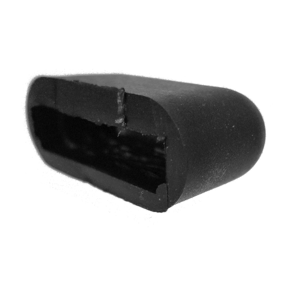 A black, oval-shaped rubber Replacement Handle Stop with a hollow interior, designed for a Commercial Juice Press like TableCraft. One end is open, revealing a deep cavity; the other is closed and rounded, featuring a smooth surface and a small notch.