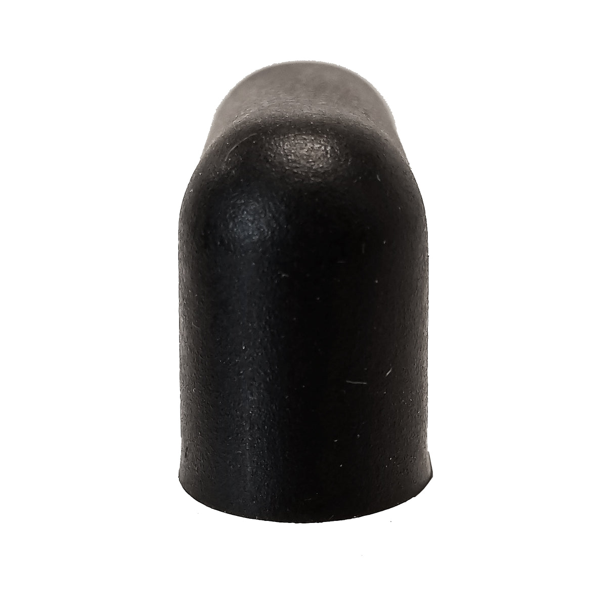 A close-up of a small, smooth, black plastic or rubber cap with a rounded top and cylindrical shape, resembling a TableCraft Commercial Juice Press Replacement Handle Stop, photographed against a white background. The cap is solid and slightly shiny.