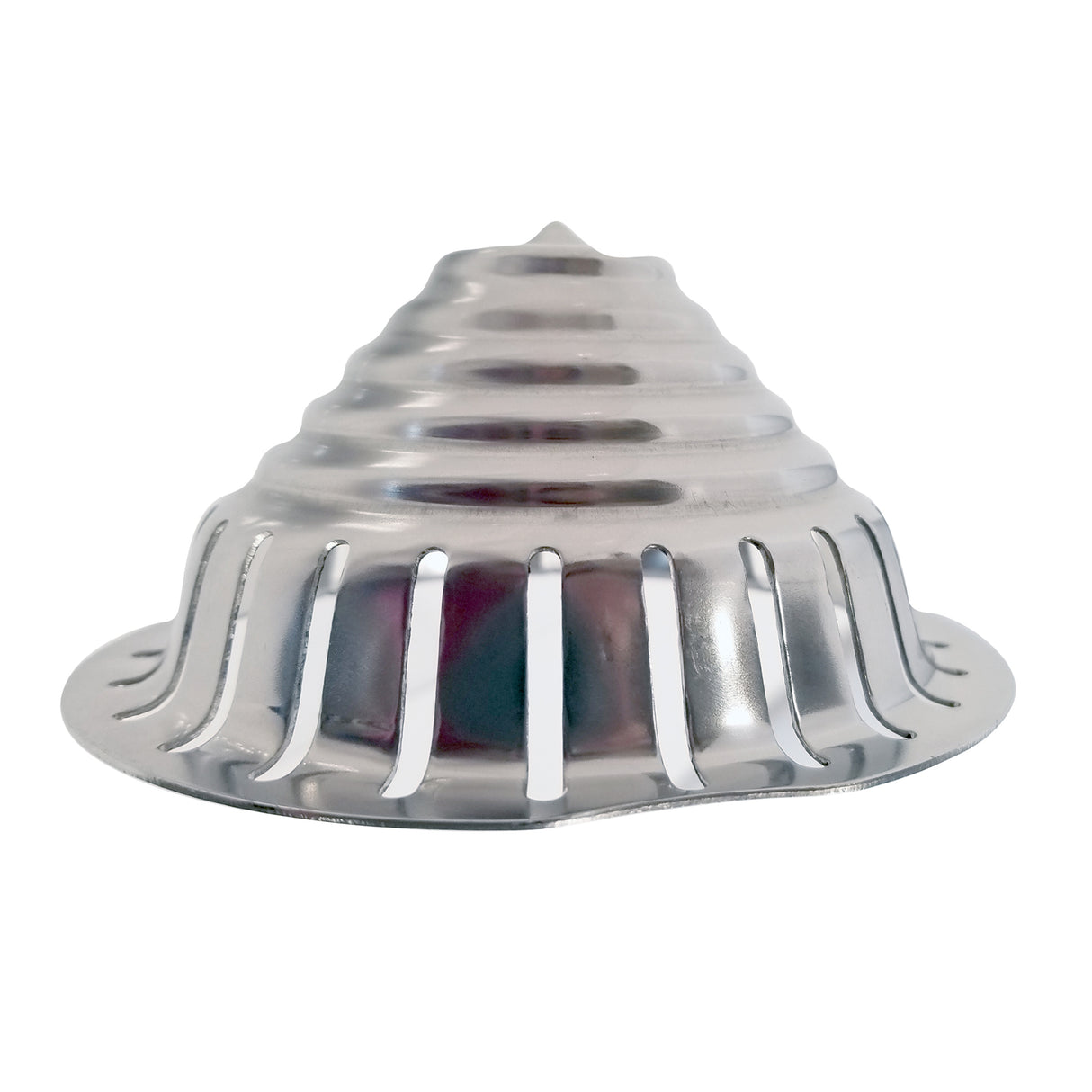 A shiny, ridged stainless steel citrus juicer cone with a flared base and vertical slits, designed as a replacement strainer cone for a commercial juice press. The dome shape tapers to a point at the top for efficient fruit juice extraction.