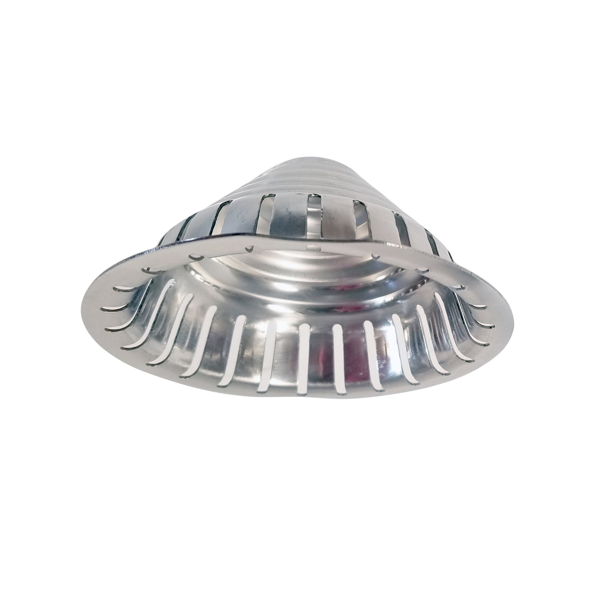 A shiny, metallic, cone-shaped Replacement Strainer Cone for a commercial juice press, viewed from below. Its stainless steel surface features a circular rim with evenly spaced vertical slits and reflects light, showcasing its smooth, polished finish.