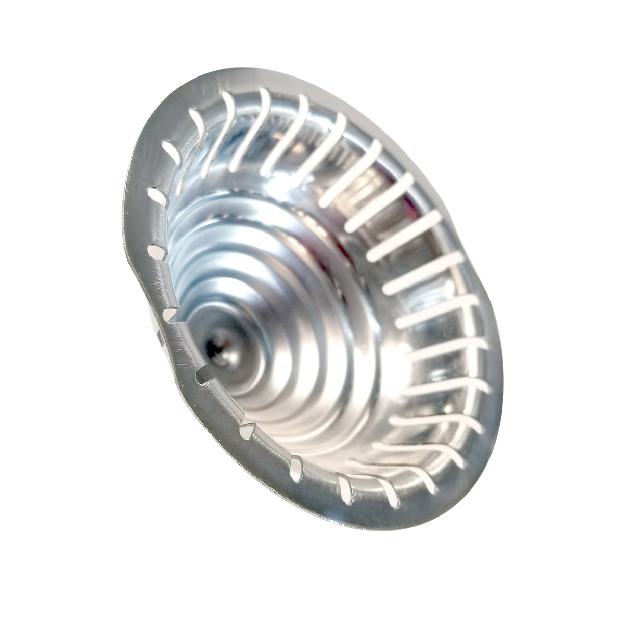 A shiny, stainless steel sink strainer with slotted sides and a ridged, cone-shaped bottom. Photographed on a white background, this replacement strainer cone is slightly angled to display the circular rim and central hole clearly.