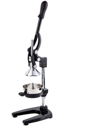 A black and silver TableCraft Products manual juice press with a long handle, metal pressing cone, and sturdy base. This upright juicer is designed for hand-pressing citrus fruits, with a cup to collect juice beneath the pressing mechanism.