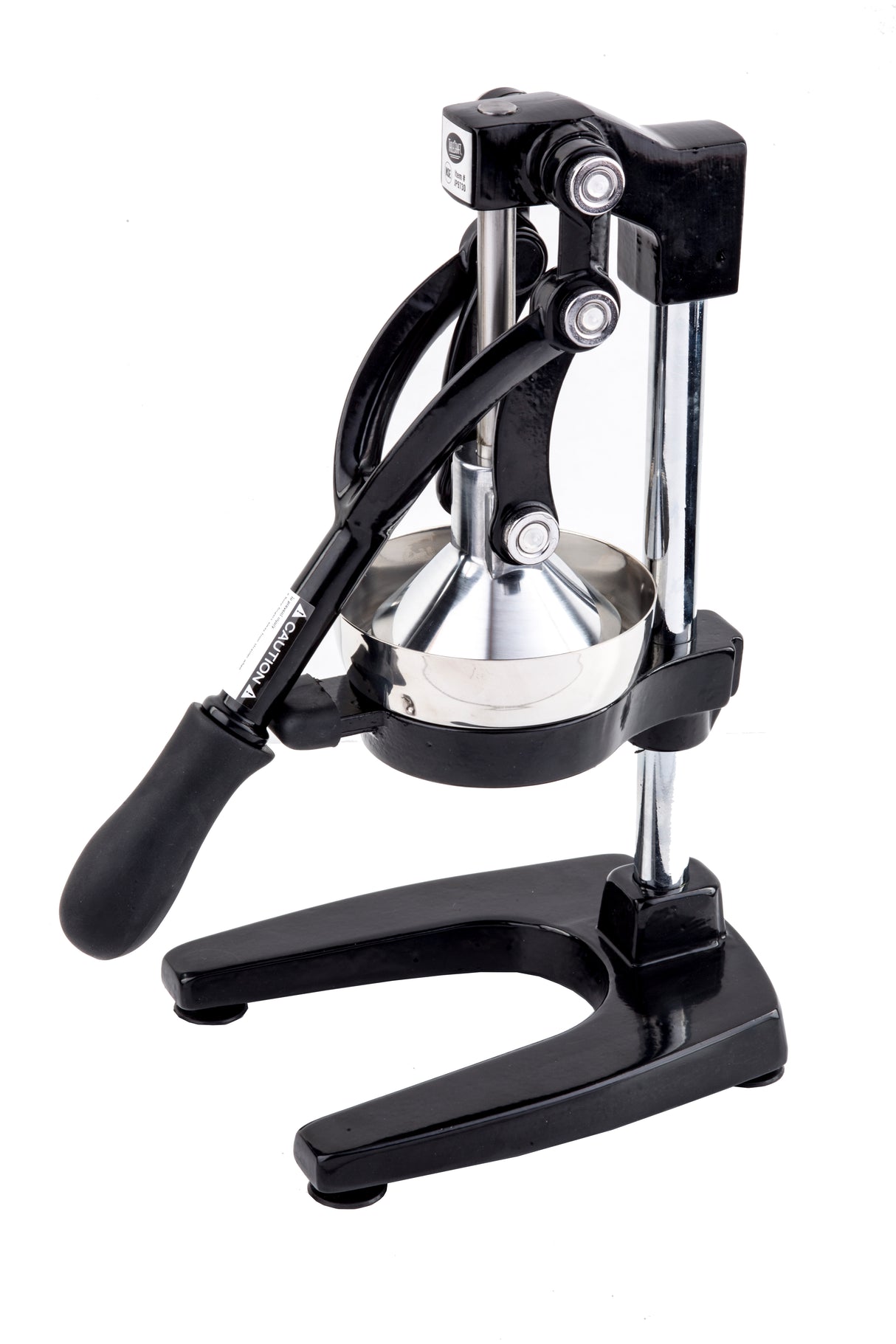 A black and silver TableCraft Products manual juice press with a sturdy metal frame, a vertical lever arm with a black handle, round metal pressing plate, and U-shaped base for stability. The juicer is shown upright on a white background.