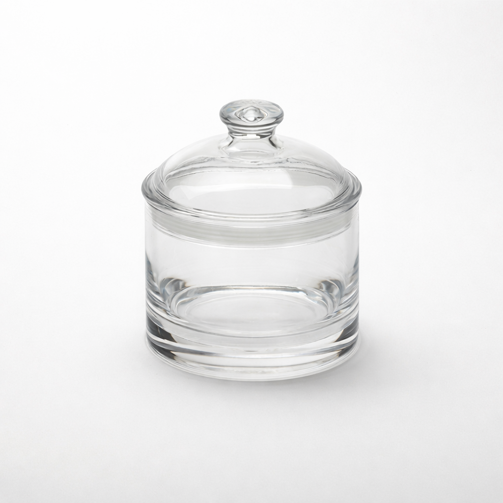 A clear jar with lid, this 35 oz jar is cylindrical with smooth, transparent glass and a matching round lid featuring a knob handle. It sits on a white background, its clarity enhanced by even lighting and free from any labels or markings.