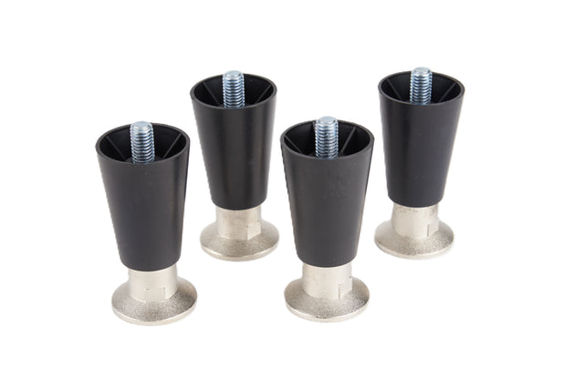 Four black adjustable furniture legs with threaded metal screws at the top and round silver bases are arranged on a white background. Compatible with Manitowoc models like UDE0065 (part K00176), these cylindrical legs taper slightly and stand upright in a loose cluster.