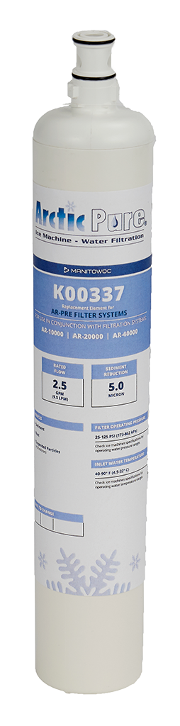 A white Arctic Pure Replacement Water Pre-Filter Cartridge for Manitowoc ice machines, model K00337, with blue and gray text. The cylindrical filter features a nozzle at the top and specs like a 2.5 GPM flow rate and 5.0-micron rating.