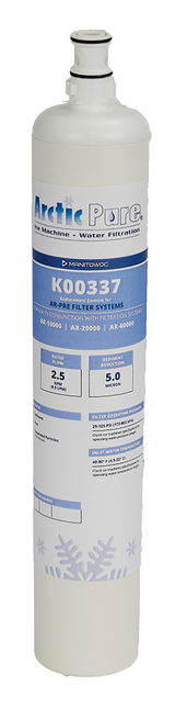 A white Arctic Pure Replacement Water Pre-Filter Cartridge for Manitowoc ice machines, model K00337, with blue and gray text. The cylindrical filter features a nozzle at the top and specs like a 2.5 GPM flow rate and 5.0-micron rating.