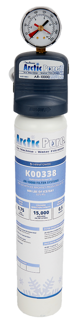 A cylindrical Manitowoc Arctic Pure K00338 Replacement Water Filter Cartridge with a pressure gauge on top. The label details specifications for ice machine water filtration, compatible with the AR-10000 filter.