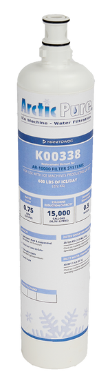 A tall, cylindrical Manitowoc Replacement Water Filter Cartridge for ice machine filtration, with white and blue labeling displaying specifications, including AR-10000 filter compatibility, capacity, flow rate, and snowflake graphics at the bottom.