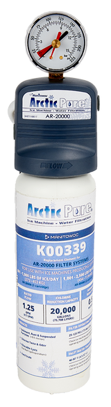 A white Manitowoc AR-20000 Replacement Water Filter Cartridge features a blue and white label with specifications, a pressure gauge on top displaying psi in red and black, and a gray plastic cap with an arrow indicating flow direction.