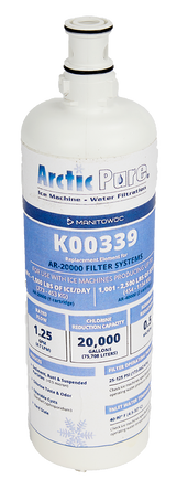 A white and blue replacement water filter cartridge labeled Arctic Pure by Manitowoc. The label displays model number AR-20000 (K00339), designed for ice machines, detailing its flow rate, 20,000-gallon capacity, and chlorine reduction.