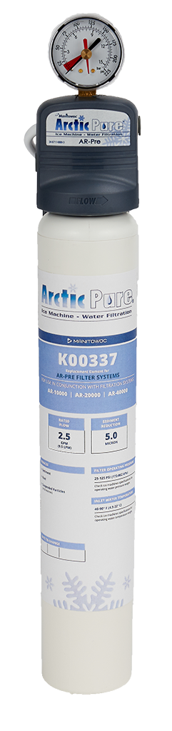 A tall Arctic Pure AR-Pro water filter system features a cylindrical white Replacement Water Pre-Filter Cartridge with a blue label. At the top, there’s a gray head with a pressure gauge. The label displays specs, Manitowoc, and the Arctic Pure logo.