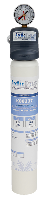 A tall Arctic Pure AR-Pro water filter system features a cylindrical white Replacement Water Pre-Filter Cartridge with a blue label. At the top, there’s a gray head with a pressure gauge. The label displays specs, Manitowoc, and the Arctic Pure logo.