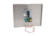 A metal rectangular panel with a mounted green circuit board featuring electronic components, a yellow transformer, and a black rectangular component above the board—part of the Manitowoc Touchless Dispensing Kit—with red and white wires loosely coiled at the bottom.