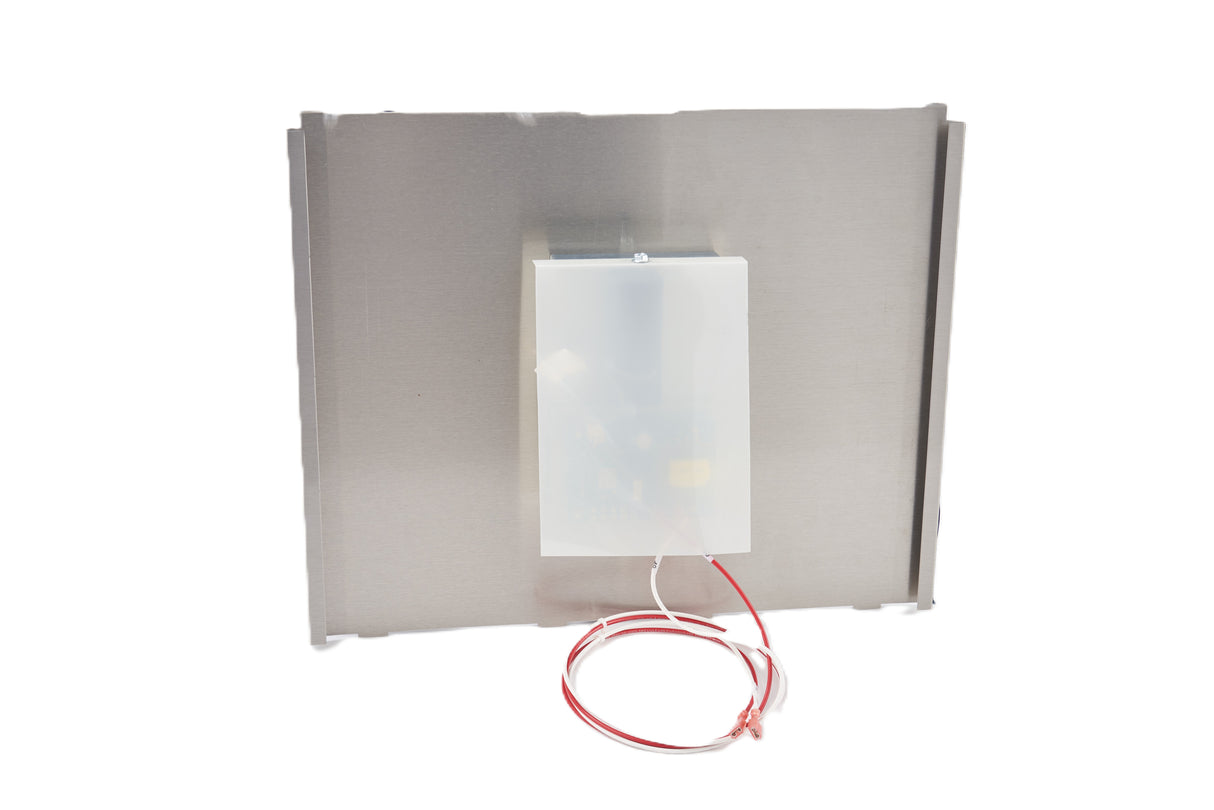 A rectangular metal panel from Manitowoc with a white plastic box mounted at the center. Two red and white wires extend from the box, ending in a connector. Designed for use in a Touchless Dispensing Kit, the panel has slightly raised edges.