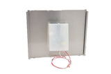 A rectangular metal panel from Manitowoc with a white plastic box mounted at the center. Two red and white wires extend from the box, ending in a connector. Designed for use in a Touchless Dispensing Kit, the panel has slightly raised edges.