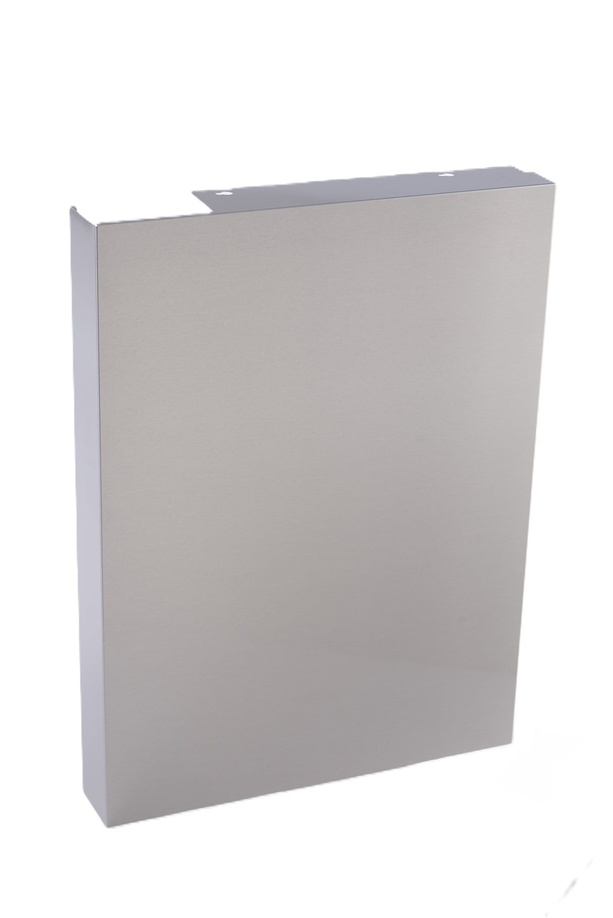 A rectangular, metallic silver box with a smooth surface and sharp edges, standing upright against a plain white background. The IB-1094YC back enclosure kit from Manitowoc features a folded metal flange with two holes for easy mounting in industrial settings.