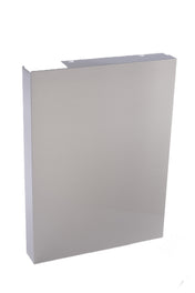 A rectangular, metallic silver box with a smooth surface and sharp edges, standing upright against a plain white background. The IB-1094YC back enclosure kit from Manitowoc features a folded metal flange with two holes for easy mounting in industrial settings.