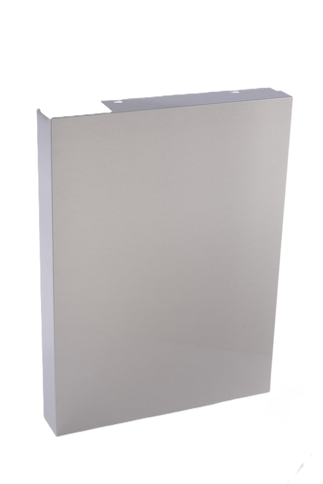 A rectangular, metallic silver box with a smooth surface and sharp edges, standing upright against a plain white background. The IB-1094YC back enclosure kit from Manitowoc features a folded metal flange with two holes for easy mounting in industrial settings.