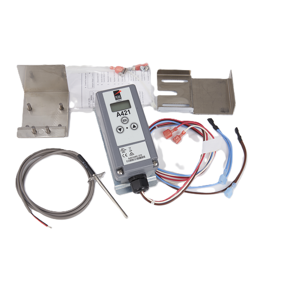 A digital temperature controller marked “A421,” ideal for use with an ice machine or Dispenser Thermostat Kit, features buttons, display, metal mounting brackets, wiring, a temperature probe, and connectors—all clean and unused on a white background.