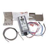 A digital temperature controller marked “A421,” ideal for use with an ice machine or Dispenser Thermostat Kit, features buttons, display, metal mounting brackets, wiring, a temperature probe, and connectors—all clean and unused on a white background.