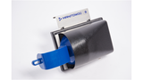 A black plastic wall mount External Scoop Holder with a blue scoop partially inside. The holder, NSF certified, is attached to a silver bracket labeled “MANITOWOC” in blue. A plain white background highlights the object.