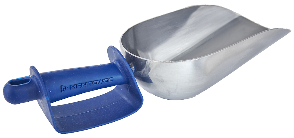 A cast aluminum ice scoop with a wide, deep silver bowl and a blue plastic handle featuring the word MANITOWOC in raised letters. The NSF-certified handle has a guard and an opening at the end, all set against a white background.