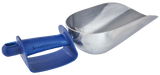 A cast aluminum ice scoop with a wide, deep silver bowl and a blue plastic handle featuring the word MANITOWOC in raised letters. The NSF-certified handle has a guard and an opening at the end, all set against a white background.