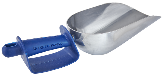 A cast aluminum ice scoop with a wide, deep silver bowl and a blue plastic handle featuring the word MANITOWOC in raised letters. The NSF-certified handle has a guard and an opening at the end, all set against a white background.