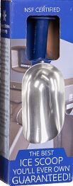 A cast aluminum ice scoop with a blue handle is packaged in a blue box labeled “NSF Certified.” The box also reads, “The Best Ice Scoop You’ll Ever Own, Guaranteed!” and shows a kitchen background behind the scoop.