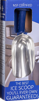 A cast aluminum ice scoop with a blue handle is packaged in a blue box labeled “NSF Certified.” The box also reads, “The Best Ice Scoop You’ll Ever Own, Guaranteed!” and shows a kitchen background behind the scoop.