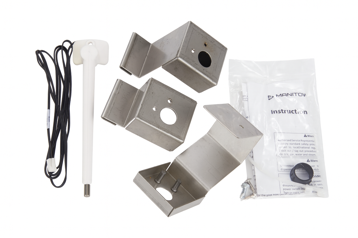 A set of metal mounting brackets, a white electronic probe with black cable, a black knob, screws, and an instruction manual labeled “Manitowoc Indigo NXT Series Dispenser Thermostat Kit” are arranged on a white surface.