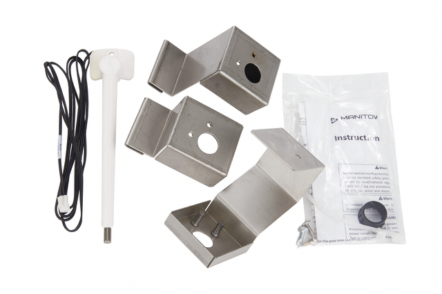 A set of metal mounting brackets, a white electronic probe with black cable, a black knob, screws, and an instruction manual labeled “Manitowoc Indigo NXT Series Dispenser Thermostat Kit” are arranged on a white surface.