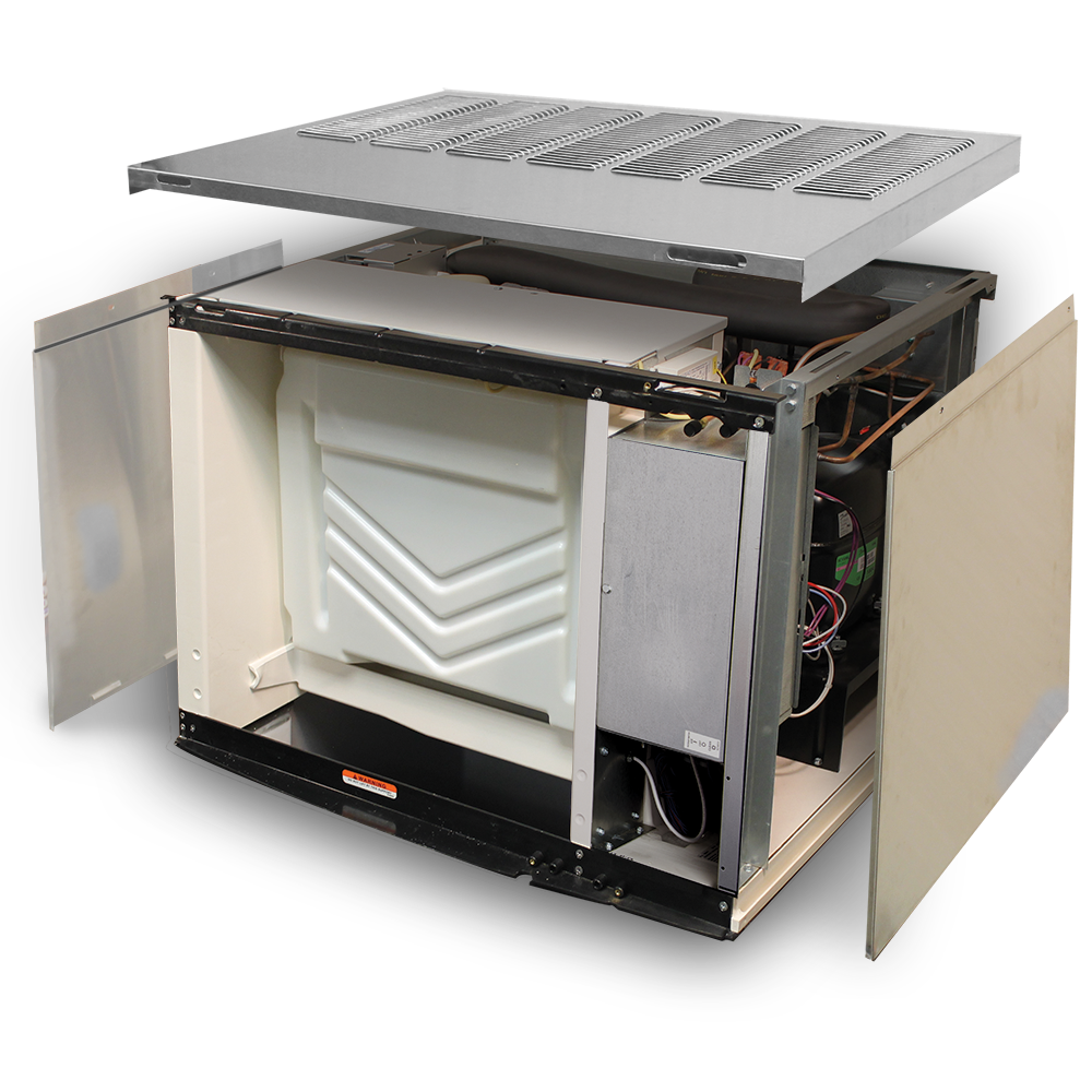 An industrial metal box, the Koolaire K-Series 1700 with Top Air Discharge Kit, features open lid and side panels revealing a large white tank, wires, circuit boards, and electronic parts inside a rectangular frame on a white background.