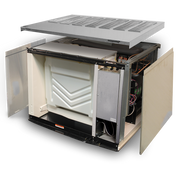 An industrial metal box, the Koolaire K-Series 1700 with Top Air Discharge Kit, features open lid and side panels revealing a large white tank, wires, circuit boards, and electronic parts inside a rectangular frame on a white background.